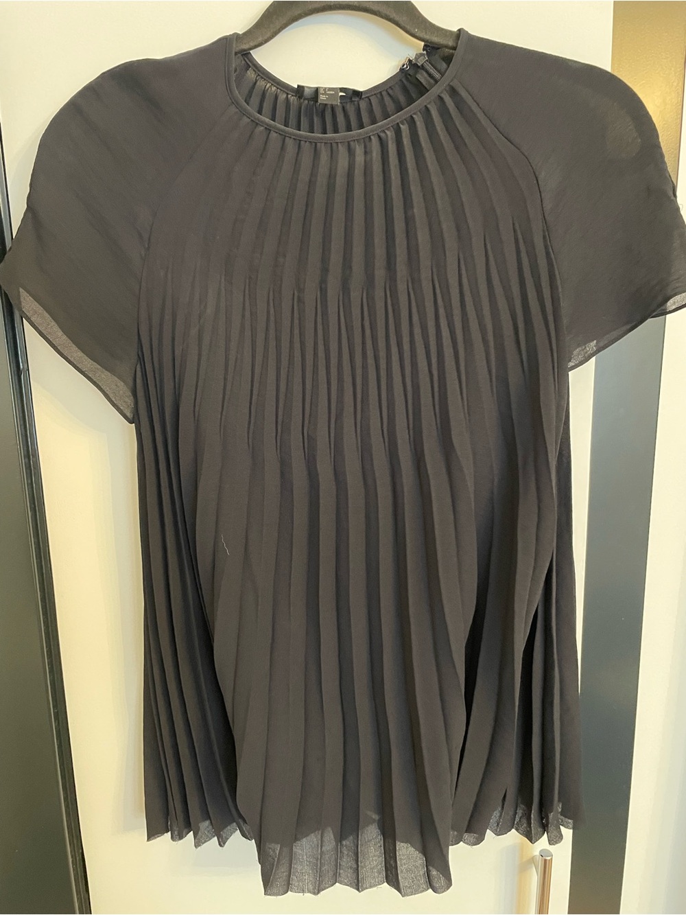 COS Navy Pleated Short-Sleeve Sheer Blouse